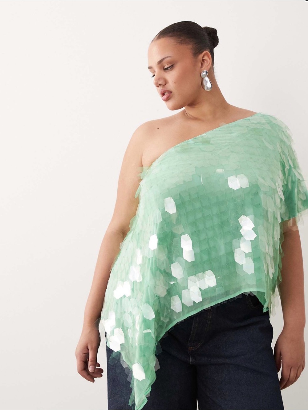 One-Shoulder Mint Sequin Overlay Coverup Top